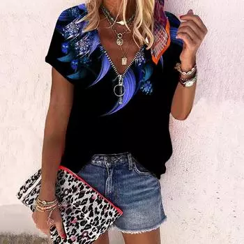 Женский топ, летний новый модный топ с розами и ромбовидным узором, повседневный топ на молнии с v-образным вырезом и короткими рукавами XS синий