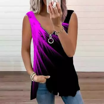 Женский топ, летний новый модный зеленый соломенный принт, повседневный топ без рукавов на молнии с v-образным вырезом, майка на бретелях XS фиолетовый