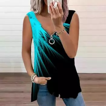 Женский топ, летний новый модный зеленый соломенный принт, повседневный топ без рукавов на молнии с v-образным вырезом, майка на бретелях XS светло-синий