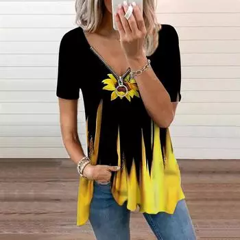 Женский топ, летний новый модный зеленый топ с подсолнухами и принтом, повседневный топ на молнии с v-образным вырезом и короткими рукавами XS жёлтый
