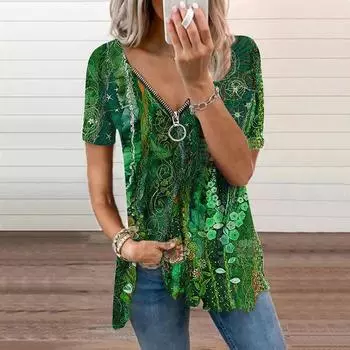 Женский топ, летний новый модный зеленый топ с принтом морских водорослей, повседневный топ на молнии с v-образным вырезом и короткими рукавами XS красный