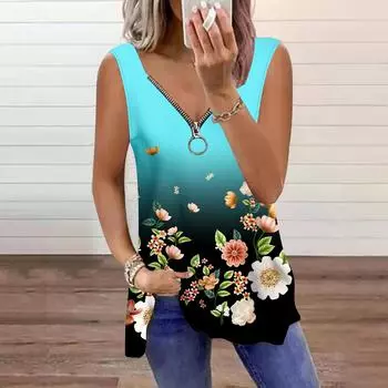 Женский топ, летний, повседневный, с принтом гардении, большого размера, без рукавов, на молнии, с V-образным вырезом, майка XS розовый