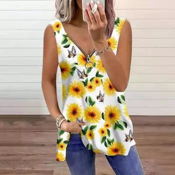 Женский топ, летний, повседневный, с принтом хризантем, большого размера, без рукавов, на молнии, с V-образным вырезом, майка XS розовый