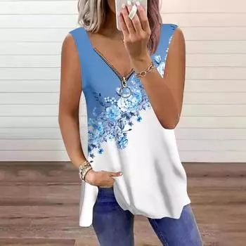 Женский топ, летний, повседневный, с принтом косой розы, большого размера, без рукавов, на молнии, с V-образным вырезом, майка XS фиолетовый