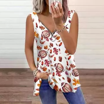 Женский топ, летний, повседневный, с принтом опавших листьев, большого размера, без рукавов, на молнии, с V-образным вырезом, майка XS белый