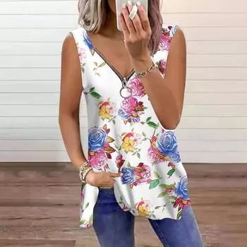 Женский топ, летний, повседневный, с принтом радужных роз, большого размера, без рукавов, на молнии, с V-образным вырезом, майка XS оранжевый
