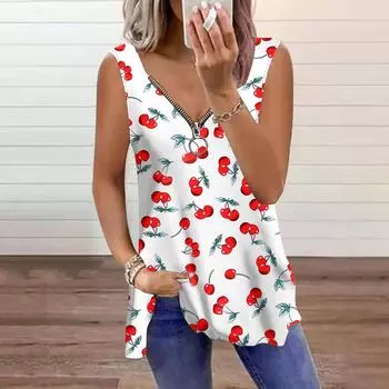 Женский топ, летний, повседневный, с принтом вишни, большого размера, без рукавов, на молнии, с V-образным вырезом, майка XS белый