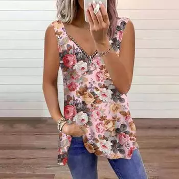 Женский топ Летний повседневный топ с принтом Rose Garden Plus Size без рукавов на молнии с V-образным вырезом и майкой XS розовый