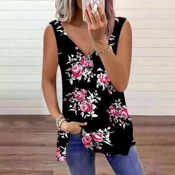 Женский топ, летний, с принтом двухглавой розы, повседневный, большого размера, без рукавов, на молнии, с V-образным вырезом, майка XS розовый