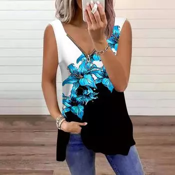 Женский топ, летний, с принтом голубой лилии, повседневный, большого размера, без рукавов, на молнии, с V-образным вырезом, майка XS фиолетовый
