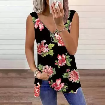 Женский топ, летний, с принтом гвоздики, повседневный, большого размера, без рукавов, на молнии, с V-образным вырезом, майка XS фиолетовый