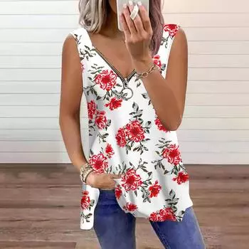 Женский топ, летний, с принтом красных цветов, повседневный, большого размера, без рукавов, на молнии, с V-образным вырезом, майка XS зелёный