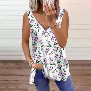 Женский топ, летний, с принтом лаванды, повседневный, большого размера, без рукавов, на молнии, с V-образным вырезом, майка XS фиолетовый