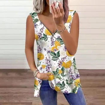 Женский топ, летний, с принтом лимона, повседневный, большого размера, без рукавов, на молнии, с V-образным вырезом, майка XS белый