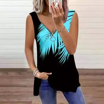 Женский топ, летний, с принтом пальмовых листьев, повседневный, большого размера, без рукавов, на молнии, с V-образным вырезом, майка XS синий