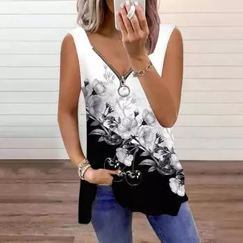 Женский топ, летний, серый, с принтом цветка сливы, повседневный, большого размера, без рукавов, на молнии, с V-образным вырезом, майка XS белый