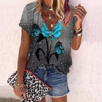 Женский топ, летняя новая мода, цветок розы, повседневный топ с короткими рукавами и застежкой-молнией с принтом «Роза под дождем» и v-образным вырезом XS красный