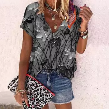 Женский топ, летняя новая мода, цветы розы, масляная живопись, повседневный топ на молнии с v-образным вырезом и коротким рукавом с принтом XS чёрный