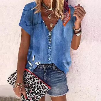 Женский топ, летняя новая мода, джинсовая ткань с принтом розы, повседневный топ на молнии с v-образным вырезом и короткими рукавами 7XL синий