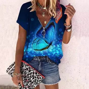Женский топ, летняя новая мода, красивая роза с принтом бабочки, повседневный топ на молнии с v-образным вырезом и короткими рукавами XS синий