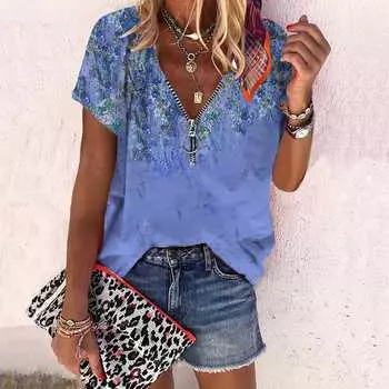 Женский топ, летняя новая мода, повседневный топ с короткими рукавами и застежкой-молнией с цветочным принтом розы и v-образным вырезом XS чёрный