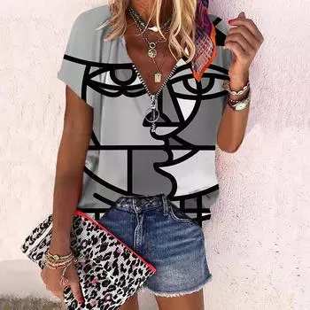 Женский топ, летняя новая мода, повседневный топ с геометрическим принтом и застежкой-молнией с v-образным вырезом и короткими рукавами 7XL чёрный
