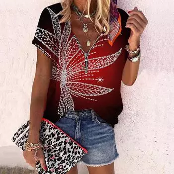 Женский топ, летняя новая мода, повседневный топ с ромбовидным узором и застежкой-молнией на молнии с v-образным вырезом и короткими рукавами XS красный