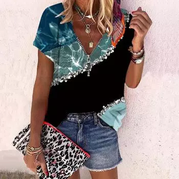 Женский топ, летняя новая мода, повседневный топ с мраморным принтом и застежкой-молнией с v-образным вырезом и короткими рукавами XS розовый