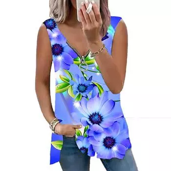 Женский топ, летняя новая мода, повседневный топ с принтом солнечных цветов, большие размеры, без рукавов, на молнии, с v-образным вырезом, майка XS розовый