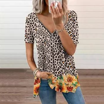 Женский топ, летняя новая мода, повседневный топ с леопардовым принтом и цветочным принтом на молнии с v-образным вырезом и короткими рукавами XS чёрный