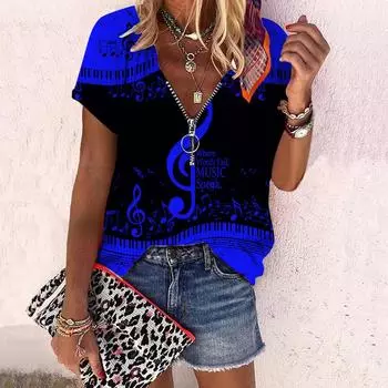 Женский топ, летняя новая мода, повседневный топ с короткими рукавами и застежкой-молнией с принтом роз и v-образным вырезом XS синий