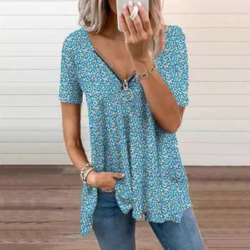 Женский топ, летняя новая мода, повседневный топ с короткими рукавами и застежкой-молнией в зеленый горошек с v-образным вырезом и принтом XS синий