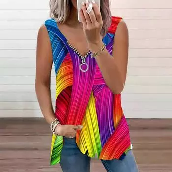 Женский топ, летняя новая мода, разноцветный повседневный топ с цветочным принтом, большие размеры, без рукавов, на молнии, с v-образным вырезом, майка XS фиолетовый