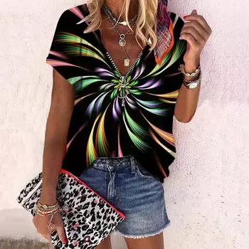 Женский топ, летняя новая мода, разноцветный топ с ярким принтом и застежкой-молнией с v-образным вырезом и короткими рукавами XS синий