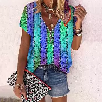 Женский топ, летняя новая мода, разноцветный топ с графическим принтом, повседневный топ на молнии с v-образным вырезом и короткими рукавами XS синий