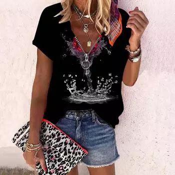 Женский топ, летняя новая мода, роза, розы в воде, повседневный топ на молнии с v-образным вырезом и короткими рукавами XS красный