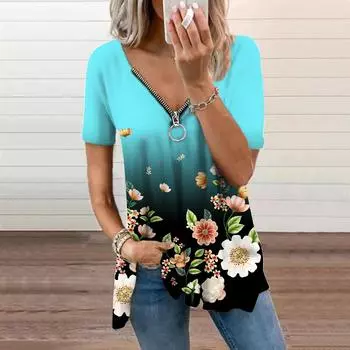 Женский топ, летняя новая мода, светло-голубой цветочный принт, повседневный топ на молнии с v-образным вырезом и короткими рукавами XS фиолетовый