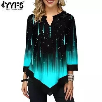 Женский топ Лето Осень 3D цифровая печать V-образный вырез нестандартные свободные футболки и топы с длинными рукавами S чёрный