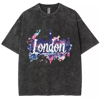 Женский топ London Ink-Splashed Letter Print, свободный, из стираного хлопка, с коротким рукавом, модный, модный, уличный, черный S