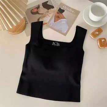 Женский топ-майка из ледяного шелка с квадратным вырезом и нагрудными вкладышами Medium чёрный