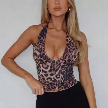 Женский топ-майка с леопардовым принтом, без рукавов, с V-образным вырезом на спине и короткими рукавами S цветной печати леопарда
