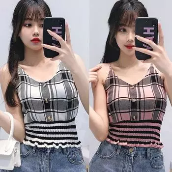 Женский топ-майка с V-образным вырезом, клетчатый, повседневный жилет без рукавов One Size