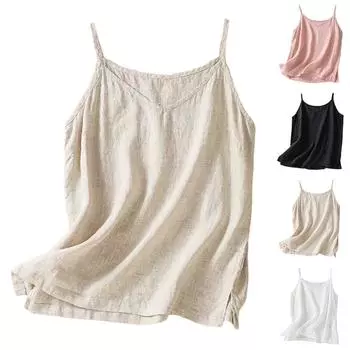 Женский топ-майка с V-образным вырезом и безрукавкой из хлопка и льна L бежевый