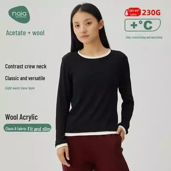 Женский топ Meiyabi A-силуэта с круглым вырезом и длинными рукавами, многослойный: Ацетатная шерсть, теплая, для осени/зимы. M/160 чёрный