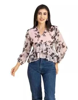 Женский топ Moomaya с V-образным вырезом и принтом, укороченный шифоновый топ с объемными рукавами и оборками 3XL зелёный