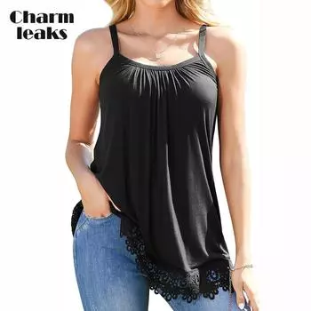 Женский топ на бретельках с кружевным подолом Charmleaks, встроенный бюстгальтер с регулируемыми бретелями, летние плиссированные свободные топы без рукавов S-3XL XXL