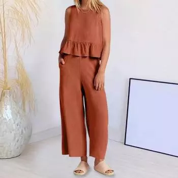 Женский топ на бретелях, брюки, комплект с круглым вырезом, без рукавов, с рюшами и подолом, свободный топ на пуговицах сзади M розы красного