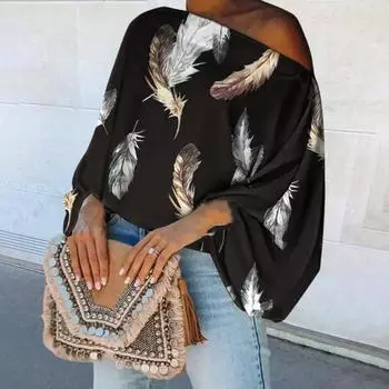 Женский топ на одно плечо с вырезом-фонариком и длинным рукавом, элегантная блузка свободного кроя с принтом листьев M золотистый/чёрный