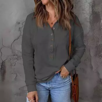 Женский топ на пуговицах с лацканами и длинными рукавами, пуловер, однотонный вязаный свитер, свободный длинный рукав L