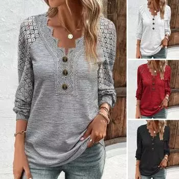Женский топ на весну и осень с вырезом из кружева и пуговицами с V-образным вырезом M серый